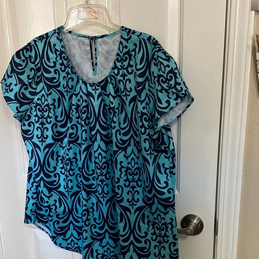 Blue Patterned Short Sleeve Women's Top